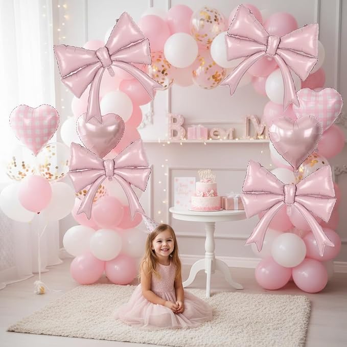 Pastel Pink Bow Balloons & Checkered Heart Foil Balloon Set, Coquette Birthday - Image 4