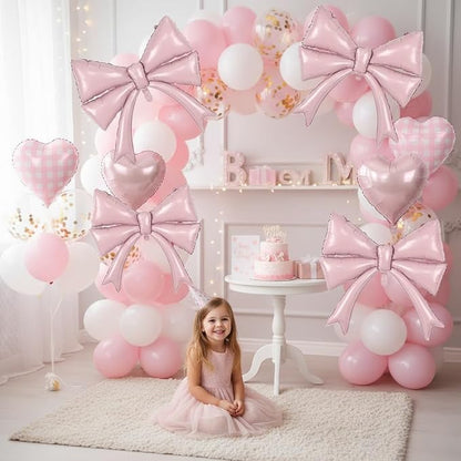 Pastel Pink Bow Balloons & Checkered Heart Foil Balloon Set, Coquette Birthday - Image 4
