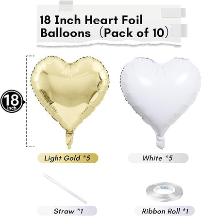 Gold White Foil Heart Balloons, 18 Inch 10 Pcs Pastel Yellow White Foil Heart - Image 2