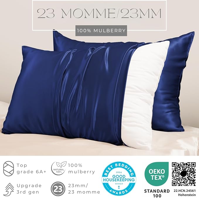 PROMEED 100% Mulberry Silk Pillowcase for Hair and Skin - Allergen Resistant Both Sides 23 Momme 1400 TC Silk Bed Pillow Cases with Hidden Zipper, 1PC (King 20"x36", Navy)