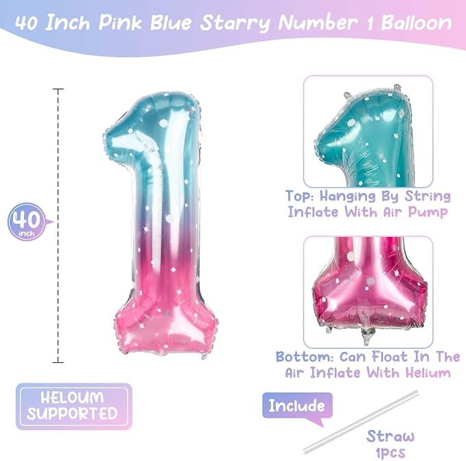 40 Inch Blue Pink Number 11 Balloon, Ombre Star Foil Helium Birthday Decor | - Image 4