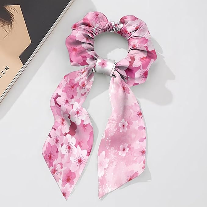 Cherry Blossom Elastic Ribbon Hair Ties 2 Pcs Pink Black Scarf Scrunchies Travel Accessory for Thick Thin Hair Satin Ponytail Scrunchy with Tails
