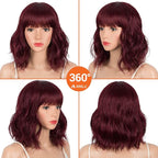 NOBLE Synthetic Ombre Burgundy Wig Short Wavy Wigs With Air Bangs Shoulder Length Wig For Women Curly Wavy Heat Resistant Synthetic Colorful BOB Wigs