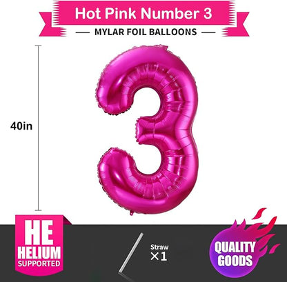 3 Balloon Number Hot Pink 3 Birthday Balloon 40 inch Foil Mylar Large 3 Balloon - Image 2