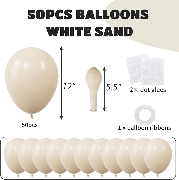 50pcs Cream Beige Balloons 12 Inch, Matte Neutral Sand White Nude Latex Balloon - Image 2