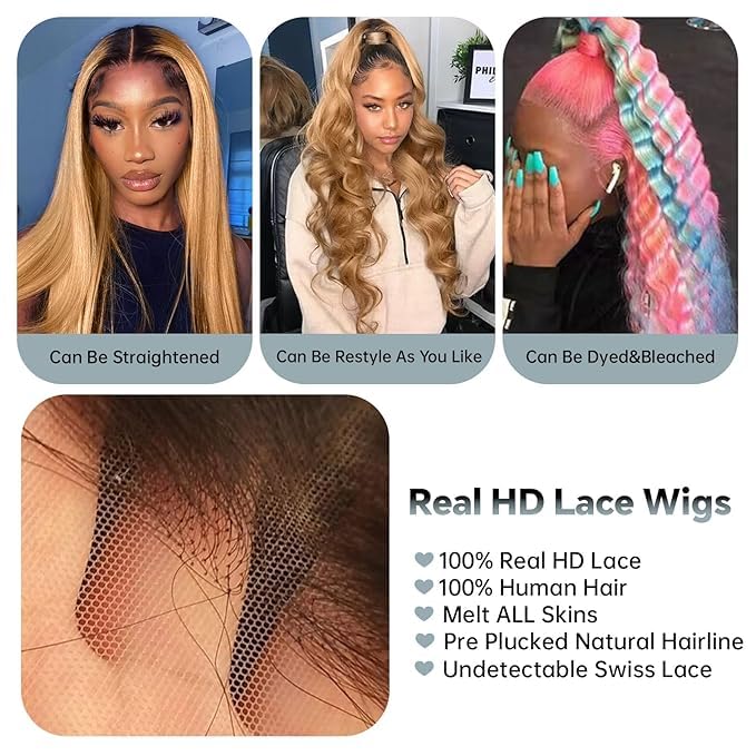 AMIRTY 200% density 13x6 Honey Blonde Lace Front Wigs Human Hair 13x6 Body Wave Lace Front Wig Human Hair Wigs for Women Ombre HD Transparent Lace Frontal Wig Pre Plucked with BabyHair 30inch