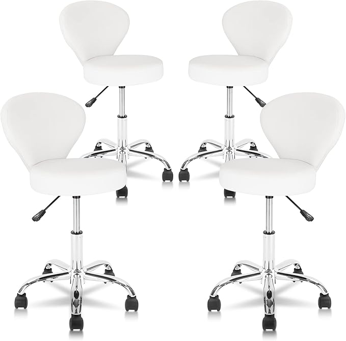 Set of 4 PVC Faux Leather Rolling Swivel Salon Stool Chair with Low Back Support Adjustable Hydraulic Seat Height 22 IN Diameter 15 IN for Office Massage Facial Spa Medical Tattoo White 4 Pack