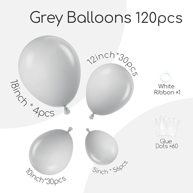 Awenztech 122pcs Gray Latex Balloons in 18 12 10 5 inches | Birthday, Baby - Image 2