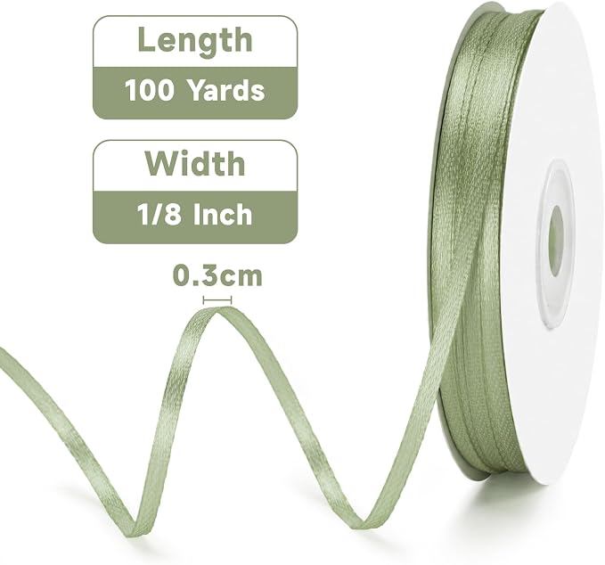 KINGLAKE Sage Green Satin Ribbon – 1/8 Inch x 100 Yards Light Green Ribbon - Image 2