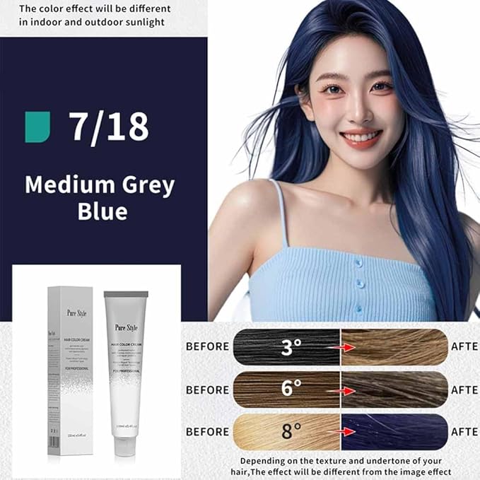 PureStyle 100ml Professional Permanent Hair Color Dye Cream Ammonia Free, Long Lasting Medium Grey Blue Color, 100% Gray Coverage, Natural Shine, For All Hair Types Easy At Home Application