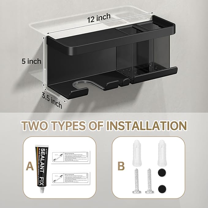 Hair Dryer Holder, Blow Dryer Organizer, Hair Dryer Holder Wall Mounted with Shelf for Bathroom, Salon, Bedroom Organizers & Storage(Matte Black)