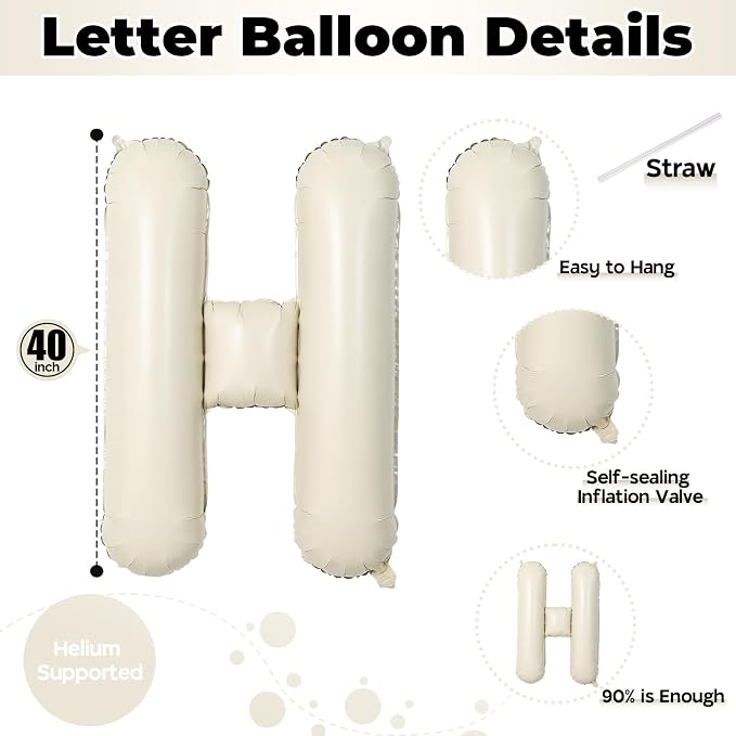 Giant Alphabet H Foil Name Balloons, Cream Ivory White Inflatable Word Balloons - Image 2