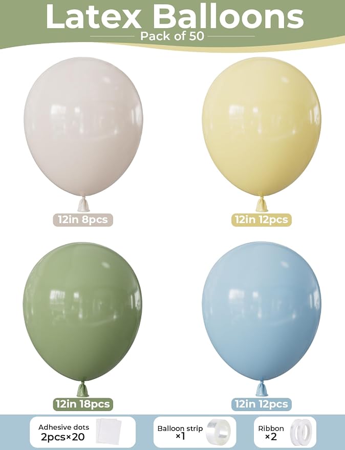 Sage Green Blue Yellow Balloons, Pastel Yellow Balloons, Sand White Balloons - Image 5