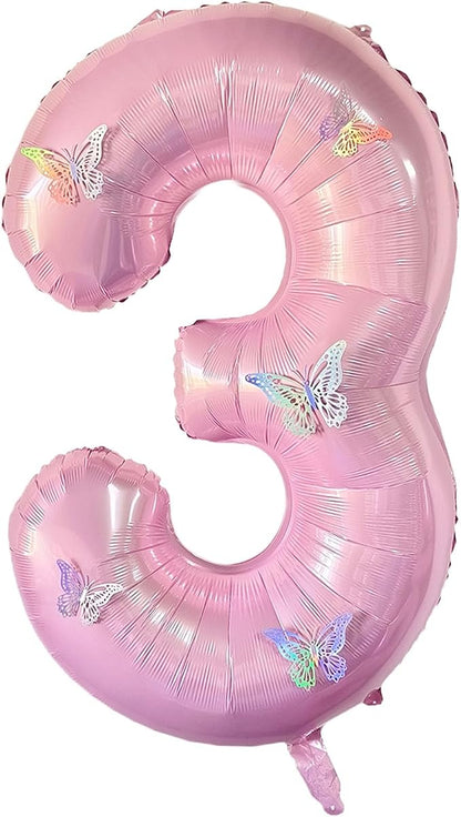 40 Inch Number Balloon Pink Large Mylar Foil Pink Number Balloons and Butterfly by GLASNES