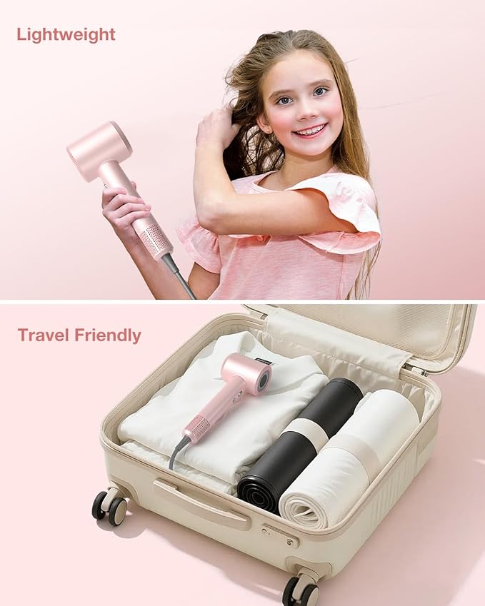 Hair Dryer, High-Speed Ionic Low Noise Blow Dryer with 160000 RPM Motor for Fast Drying, Thermo-Control Portable Hair Blow Dryer with Magnetic Nozzle for Home Travel Salon (P2306F Pink)