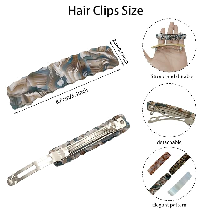Hair Clips for Women,3.5 Inch Acetate Medium Hair Claw Clips for Women Thin Thick Curly Hair,Strong Hold No Slip Grip,French Classic Multicolor Barrettes Hair (Blue Marble Oblong)