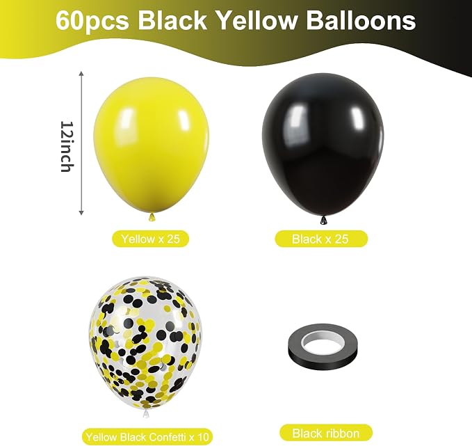 KBZVNAF Black and Yellow Latex Balloons 60 Pack 12 inch | Yellow Black Confetti - Image 2