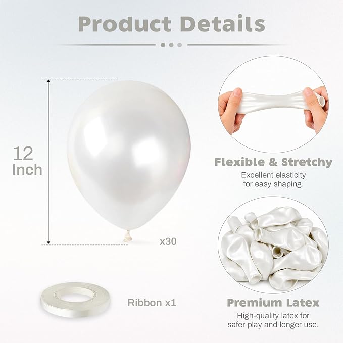 Pearl White Balloons, 12 Inch Pearlescent Pearl Latex Party Balloons | White - Image 2