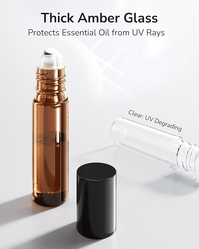 ULG 48-Pack Essential Oil Roller Bottles 10ml, Empty Bottles with Stainless Steel Roller Balls and Waterproof Labels, Amber Roller Balls For Essential Oils