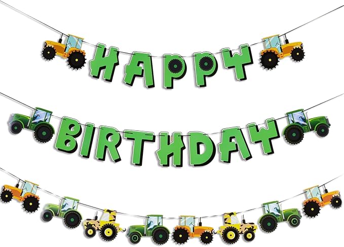 SUNBEAUTY Green Tractor Happy Birthday Banner Set by SUNBEAUTY