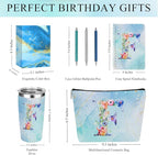 Personalized Gifts Monogrammed Birthday Gifts for Women, Aunt Grandma Retirement Christmas Initial 20 oz Tumbler, Makeup Bag Cup Ballpoint Pens Journal Notebook 6 Set, (Aesthetic Blue Flower F)