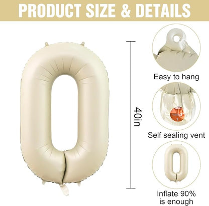 Number 0 Balloon Beige, 40 Inch Large Cream Foil 0 Helium Balloons - Image 2