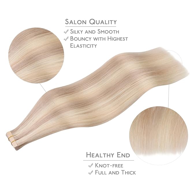 WENNALIFE Tape in Hair Extensions Human Hair, 20pcs 50g 16 inch Balayage Light Wheat Platinum Blonde Remy Hair Extensions for Women Tape Ins Straight Extensiones De Cabello Humano Skin Weft