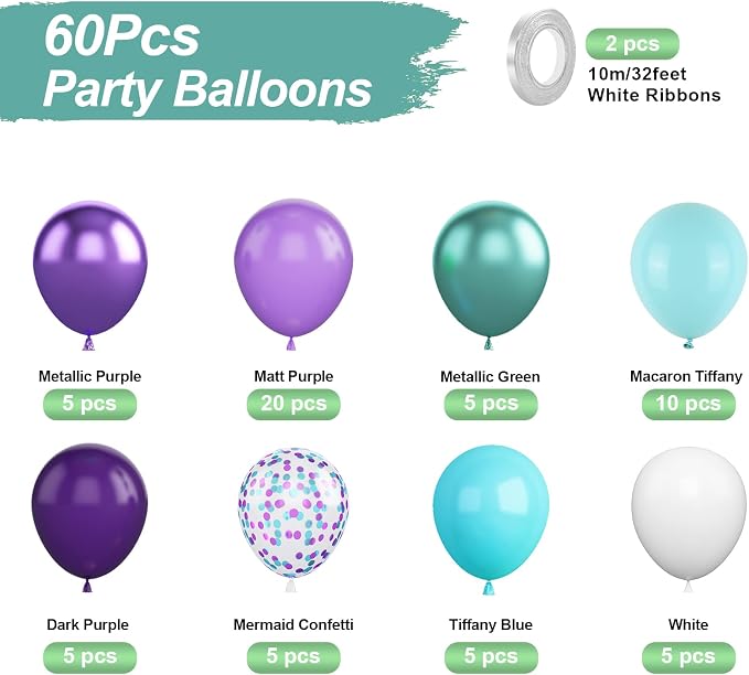 Mermaid Party Balloons, 12Inch Purple Blue Confetti Latex Balloon Helium - Image 2