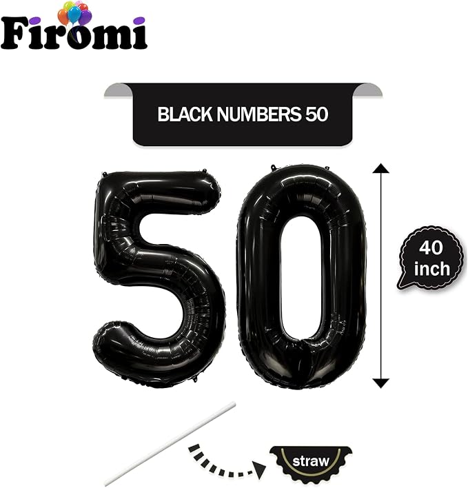 FIROMI 50 Number Balloons Black Big Mylar Foil 50th Balloon Numbers 40-inch | - Image 2