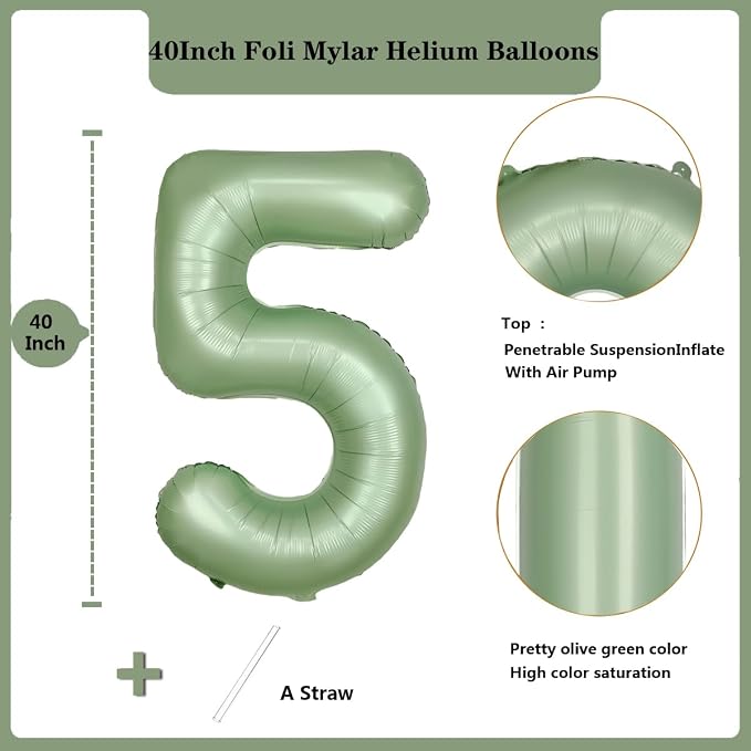40 Inch Green Number Balloon 5 Olive Green Foil Balloon Sage Green 5 Balloons - Image 2