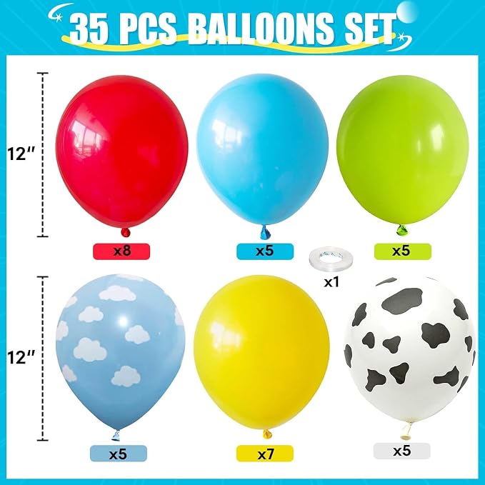 HILAVO Toy Inspired Story Balloons, 12 Inch Cow Print Blue Cloud Balloons | Red - Image 2