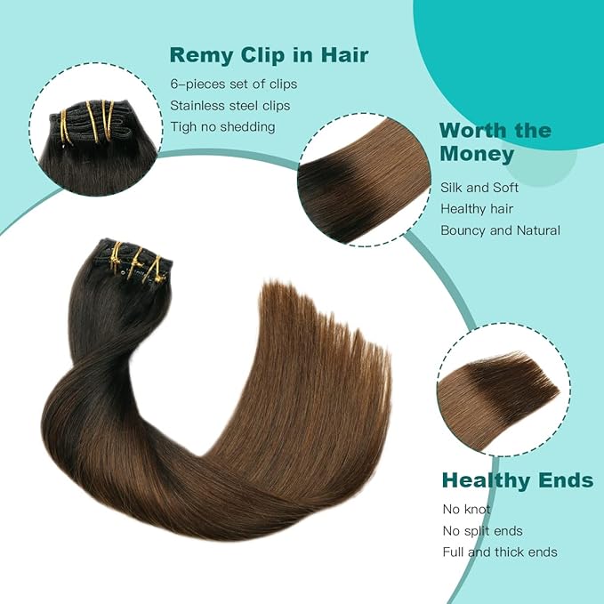 SURNEL Clip in Human Hair Extensions 14 Inch 6pcs 100g Omber Natural Black to Chocolate Brown Clip in Hair Extensions (#1BT4,14'')