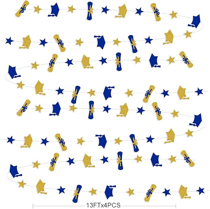 Pinkblume Navy Blue Gold Graduation Hat Diploma Star Garland Banner Bunting - Image 2