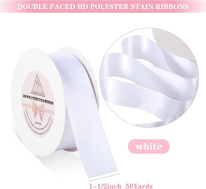 White Satin Ribbon for Gift Warping, 1.5inch 50 Yards Solid Polyester Fabric - Image 2