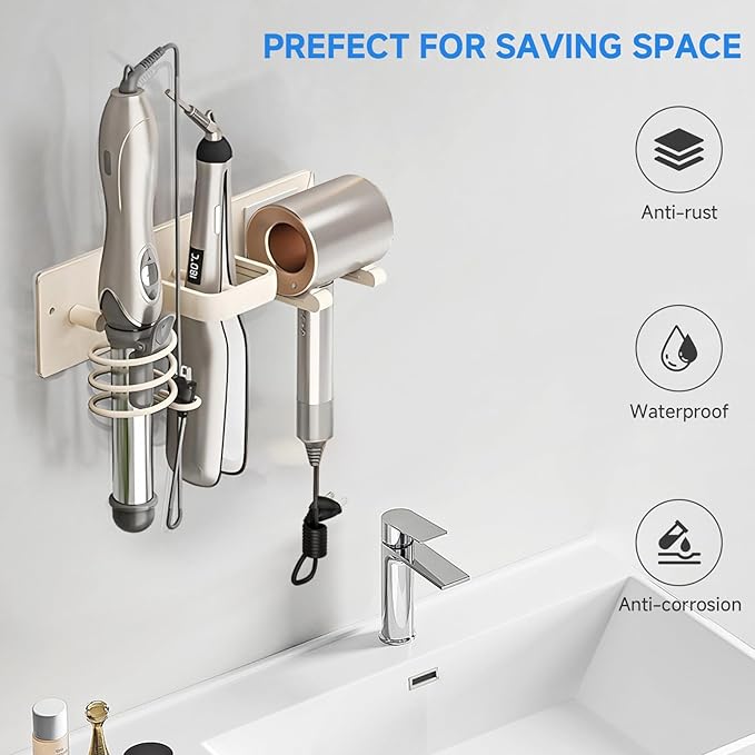 Hair Dryer Holder Wall Mounted,Blow Dryer, Curling Iron, Straightener Holder 3 in 1 Bathroom Metal Hair Tool Organizer Rack-White-2