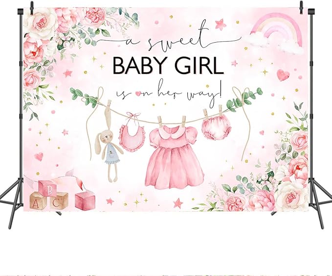 Mocsicka Sweet Baby Girl Baby Shower Backdrop Princess Pink Greenery Party - Image 4