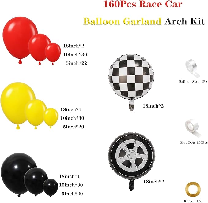 160Pcs Red Yellow Black Race Car Balloon Garland Arch Kit | 160Pcs Red Yellow - Image 2
