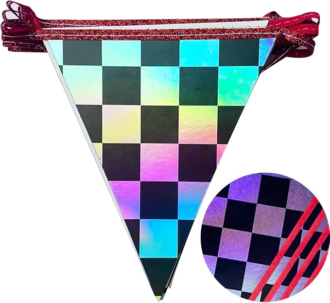 Racing Party Decorations Iridescent Checkered Red Pennant Banner Flag Hanging - Image 3
