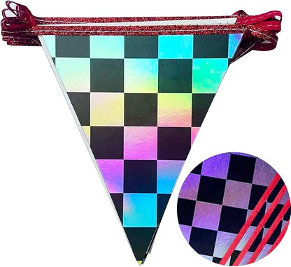 Racing Party Decorations Iridescent Checkered Red Pennant Banner Flag Hanging - Image 3
