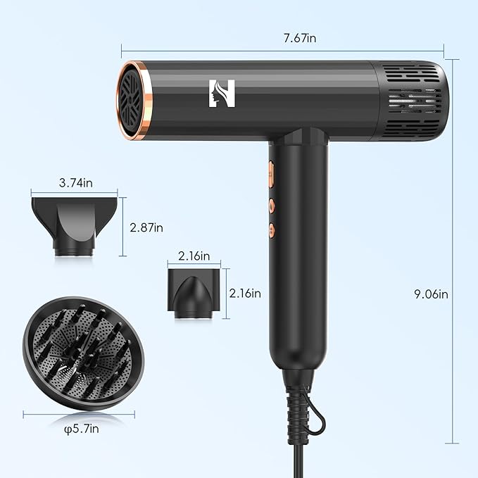 Nicebay Ionic Hair Dryer with diffuser for Curly Hair,1600W &110000RPM High-Speed Brushless Motor for Fast Drying,Professiona Blow Dryer for Women,Low Noise,Lightweight,Lock Function,Travel Home Salon