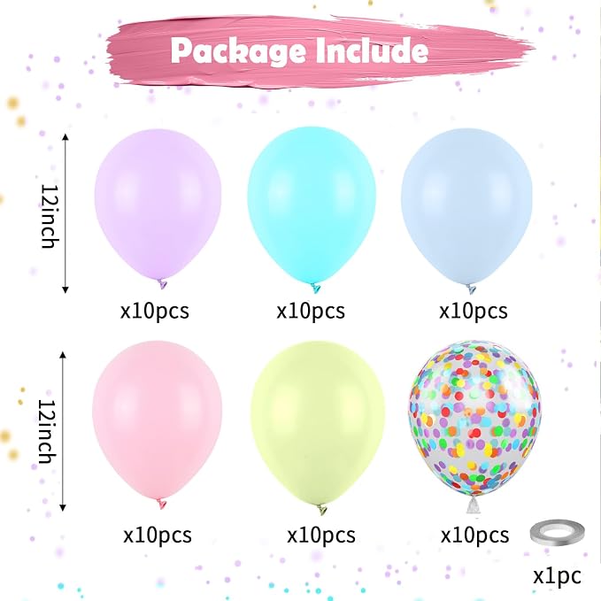 Pastel Balloons, Baby Pink Blue Purple Yellow and Teal Rainbow Confetti Balloon - Image 2