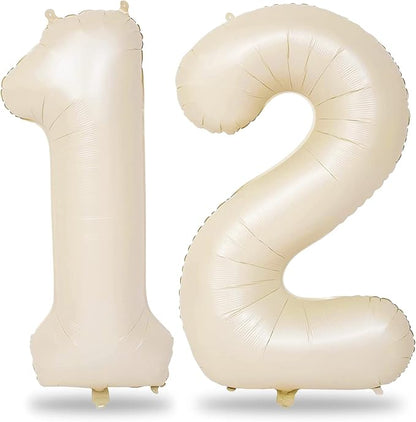Beige 12th Birthday Balloons for Boys Girls, 40 Inch Big Cream Foil 1 and 2 by Lingqiang