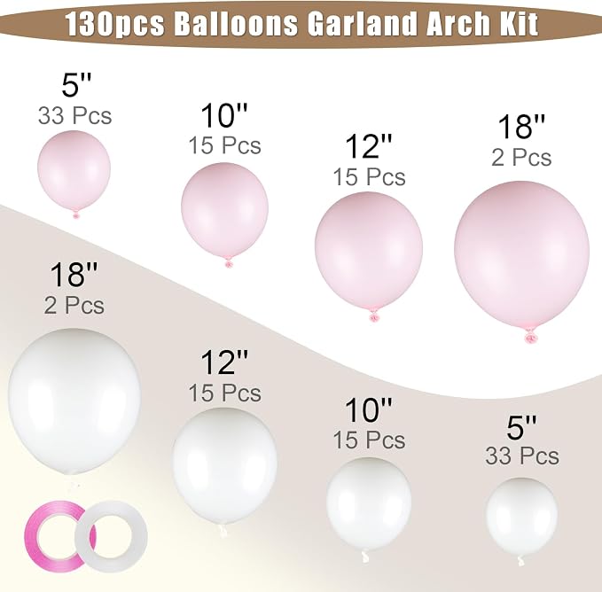 130-Pack 18/12/10/5 Inch Pastel Pink & White Balloon Garland Kit | Different - Image 2