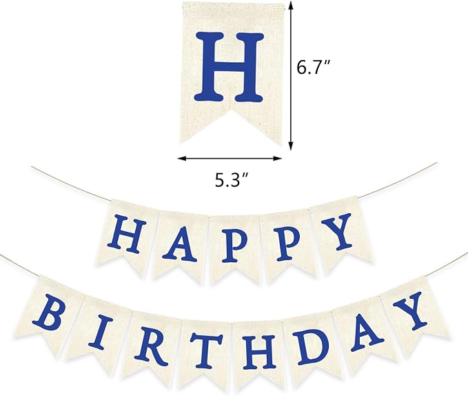 Blue Happy Birthday Banner Pre-strung Burlap Bunting Party Backdrop Sign - Image 2