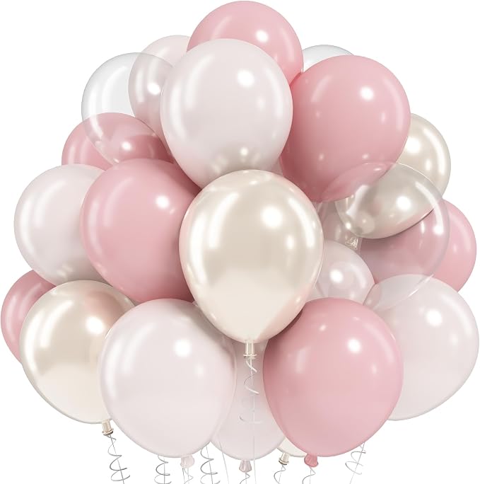 Pink and White Balloons, 12 Inch Double Stuffed Pearl Dusty Blush Baby Light by Paeyeq