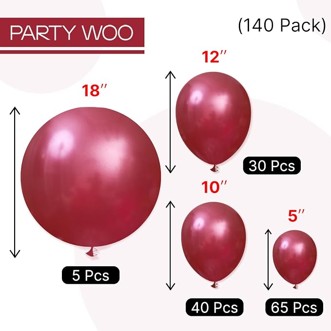 PartyWoo Pearl Burgundy Balloons 140pcs Dark Red Maroon Color | Different Sizes - Image 5