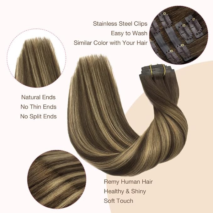 GOO GOO Clip in Hair Extensions Real Human Hair, Remy Human Hair Extensions Clip ins for Women, Natural Human Hair, 18inch 110g 7Pcs, 4/27/4 Balayage Chocolate Brown to Caramel Blonde