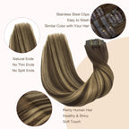 GOO GOO Clip in Hair Extensions Real Human Hair, Remy Human Hair Extensions Clip ins for Women, Natural Human Hair, 18inch 110g 7Pcs, 4/27/4 Balayage Chocolate Brown to Caramel Blonde