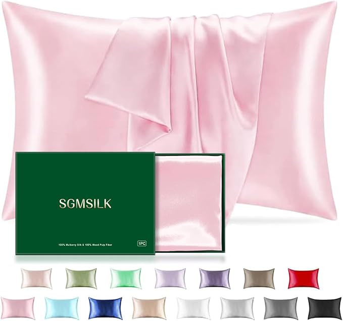 Mulberry Silk Pillowcase for Hair and Skin, SGMSILK 22 Momme Natural Silk Pillow Cases with Zipper, 6A Soft and Smooth Single Sided Pure Silk Pillow Cover (Soft Pink, King 20"x36")