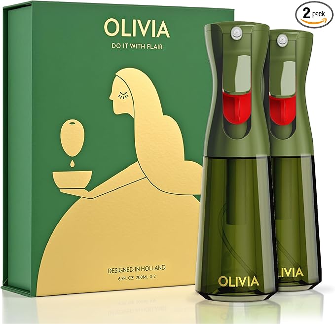 FLAIROSOL OLIVIA Oil Sprayer for Cooking, 2 Pack Green Glass Olive Oil Sprayer, 200ML Oil Dispenser for Kitchen, Continuous Oil Spray Bottle with Portion Control for Air Fryer, Salad, BBQ